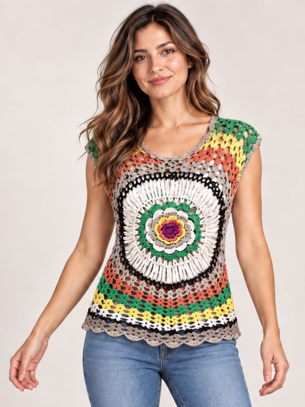 Solution Boho Crochet Floral Fringe Top Size S/M